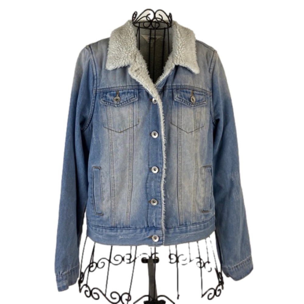 Sherpa Lined Denim Jean Jacket Vintage Bleached Distressed Y2K by Ci Sono